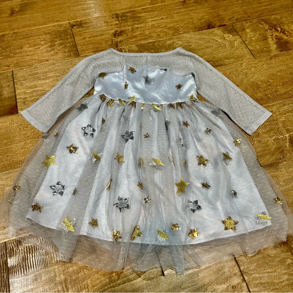 EleStory Girls Starlet Long Sleeve Dress Grey Silver Gold Size 4T EUC Stars